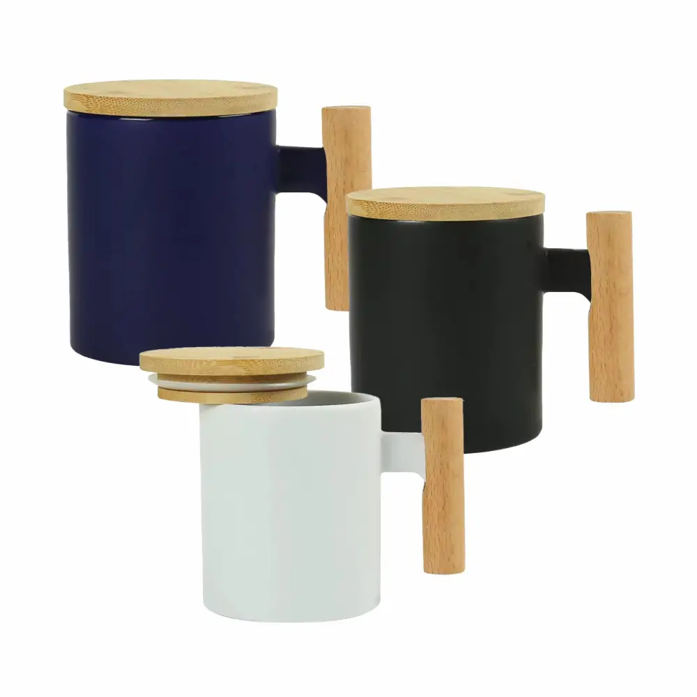 Ceramic Coffee Mugs with Bamboo Handle and Lid