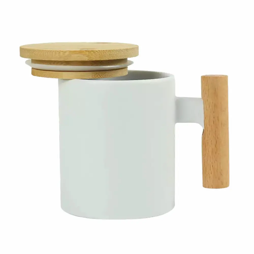 Ceramic Coffee Mugs with Bamboo Handle and Lid