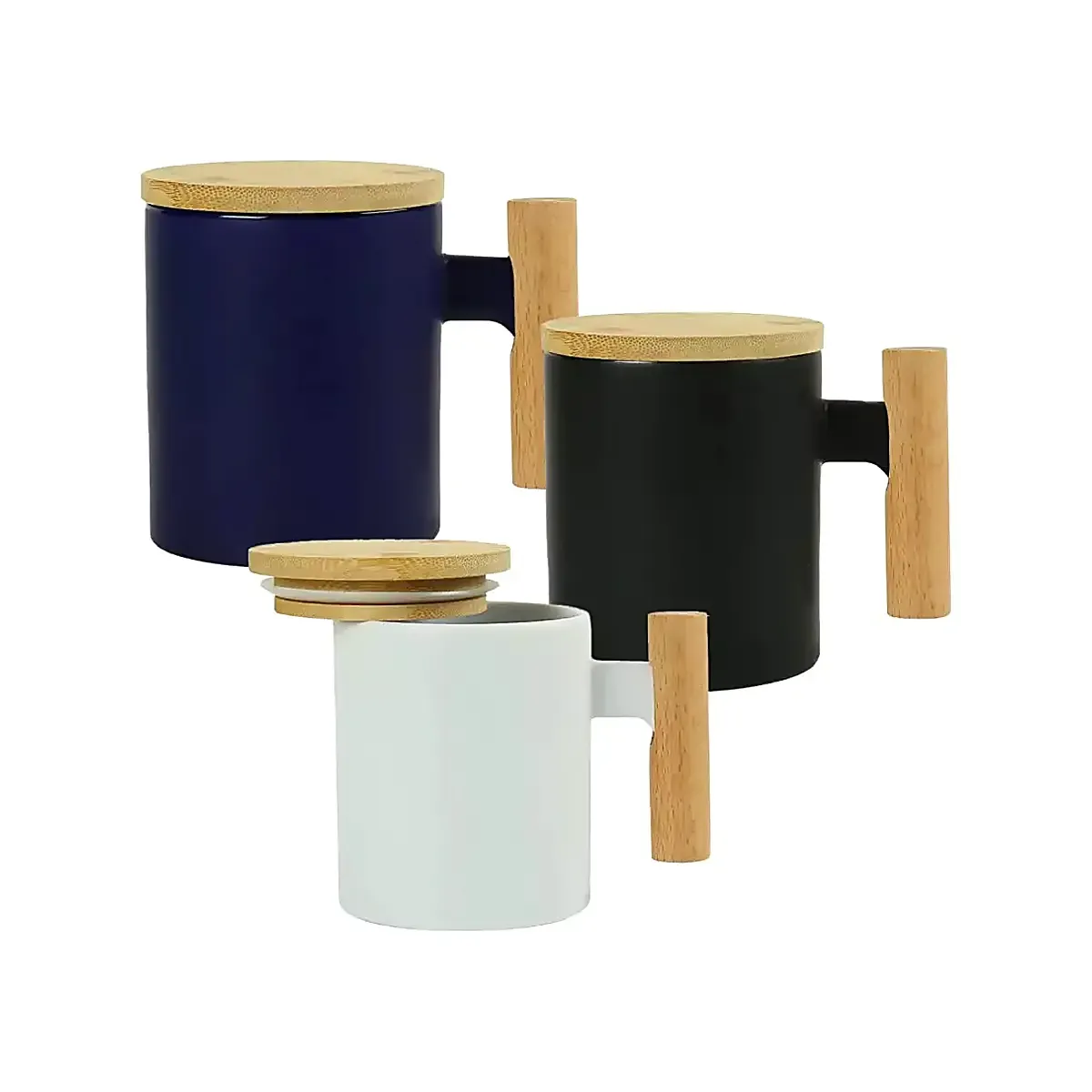 Ceramic Coffee Mugs with Bamboo Handle and Lid